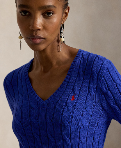 Polo Ralph Lauren Women's Cable-Knit Cotton V-Neck Sweater - Rugby Royal