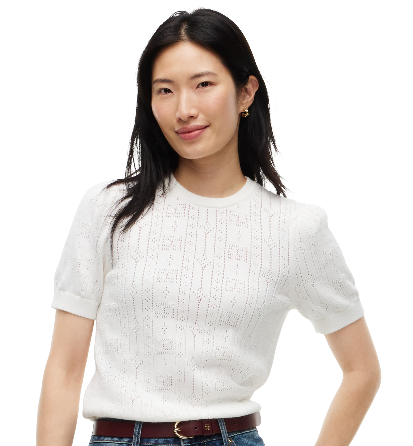Tommy Hilfiger Women's Pointelle Puff-Sleeve Sweater - Ecru