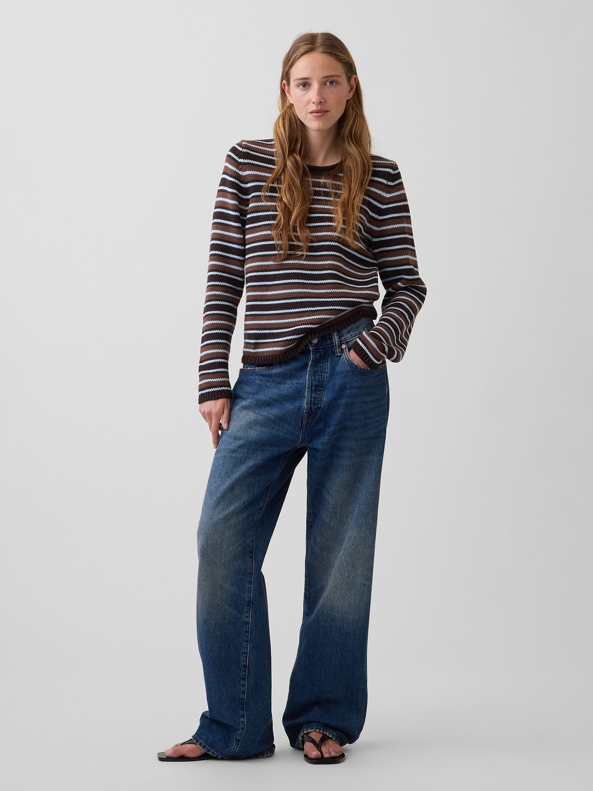 100% Cotton Rollneck Sweater - Brown & blue stripe