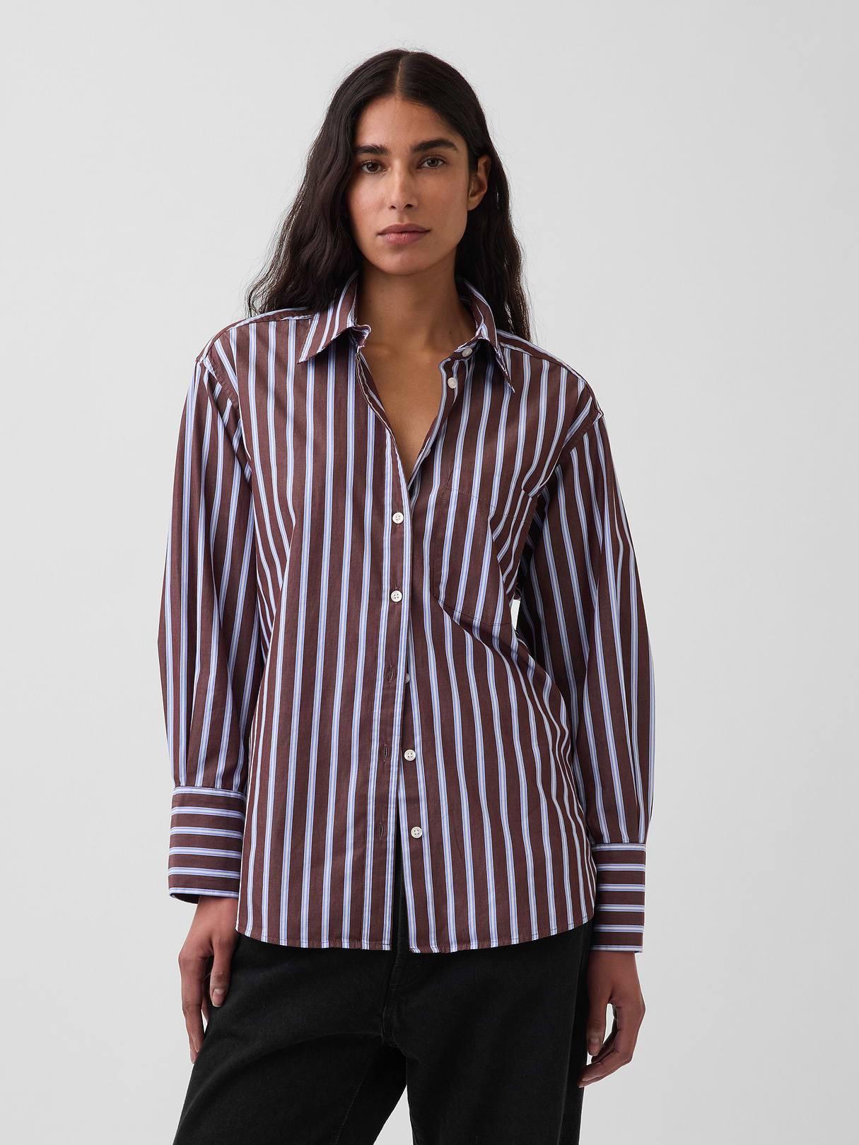 Organic Cotton Poplin Stripe Big Shirt - Brown & blue stripe