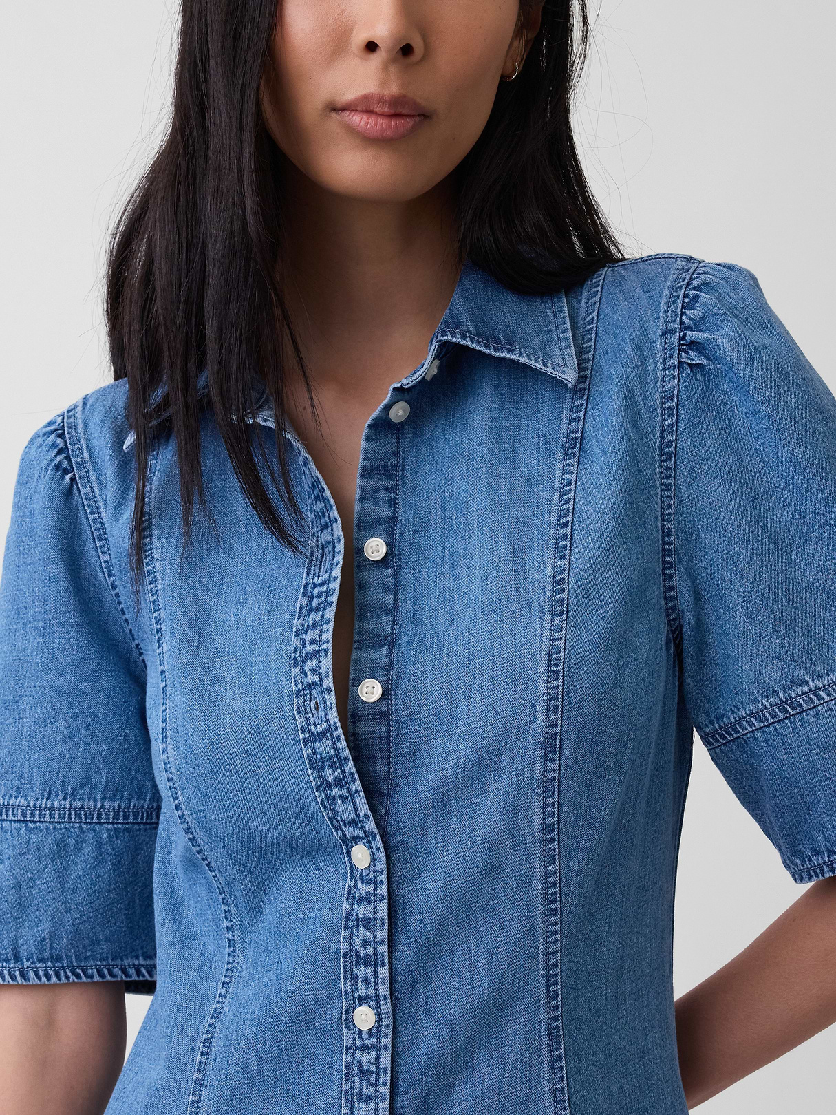 Barrel-Sleeve Maxi Shirtdress - Medium wash
