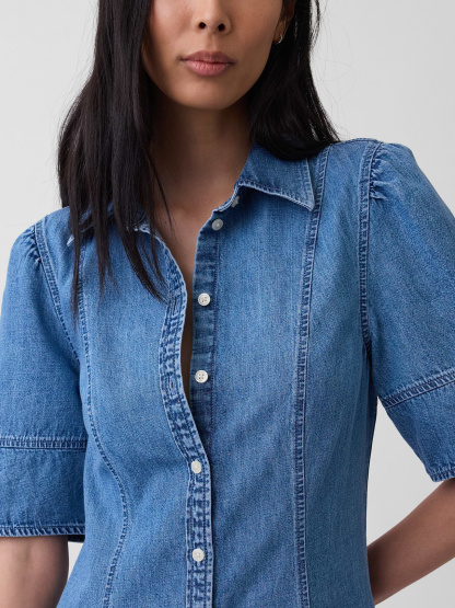 Barrel-Sleeve Maxi Shirtdress - Medium wash