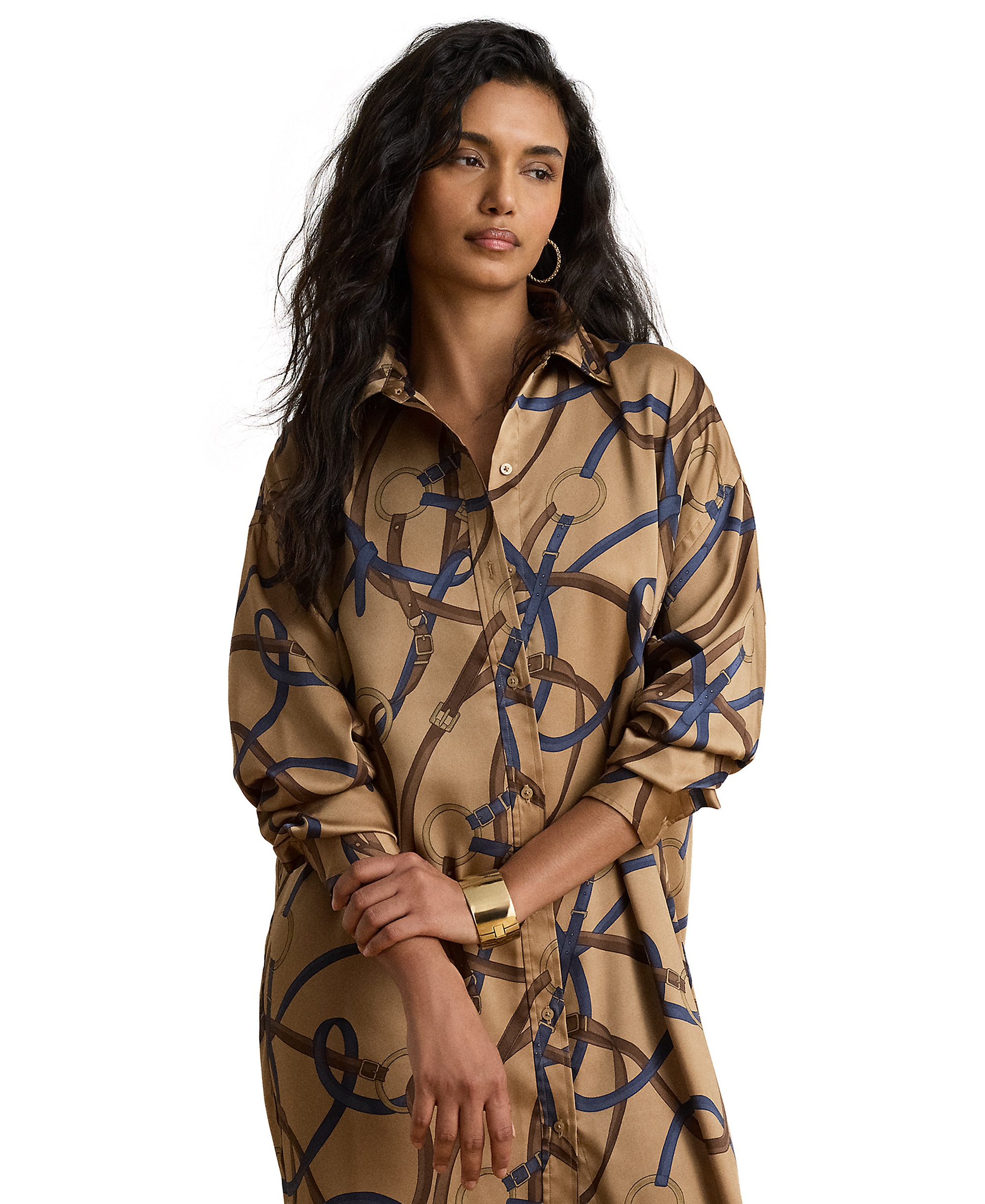 Lauren Ralph Lauren Women's Belting Print Collared Midi Dress - Camel Multi