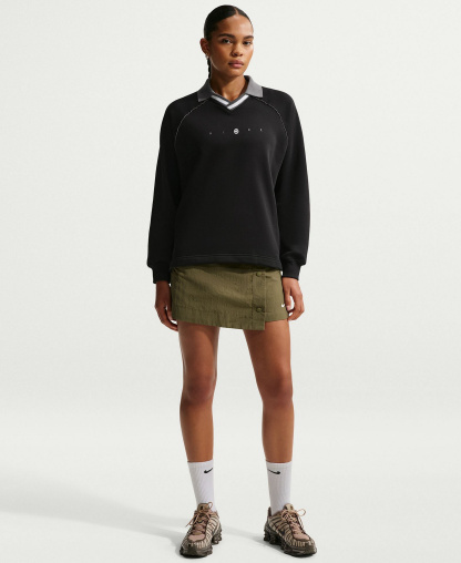 Nike Women's Sportswear Phoenix Fleece Graphic Polo Oversized Top - Black