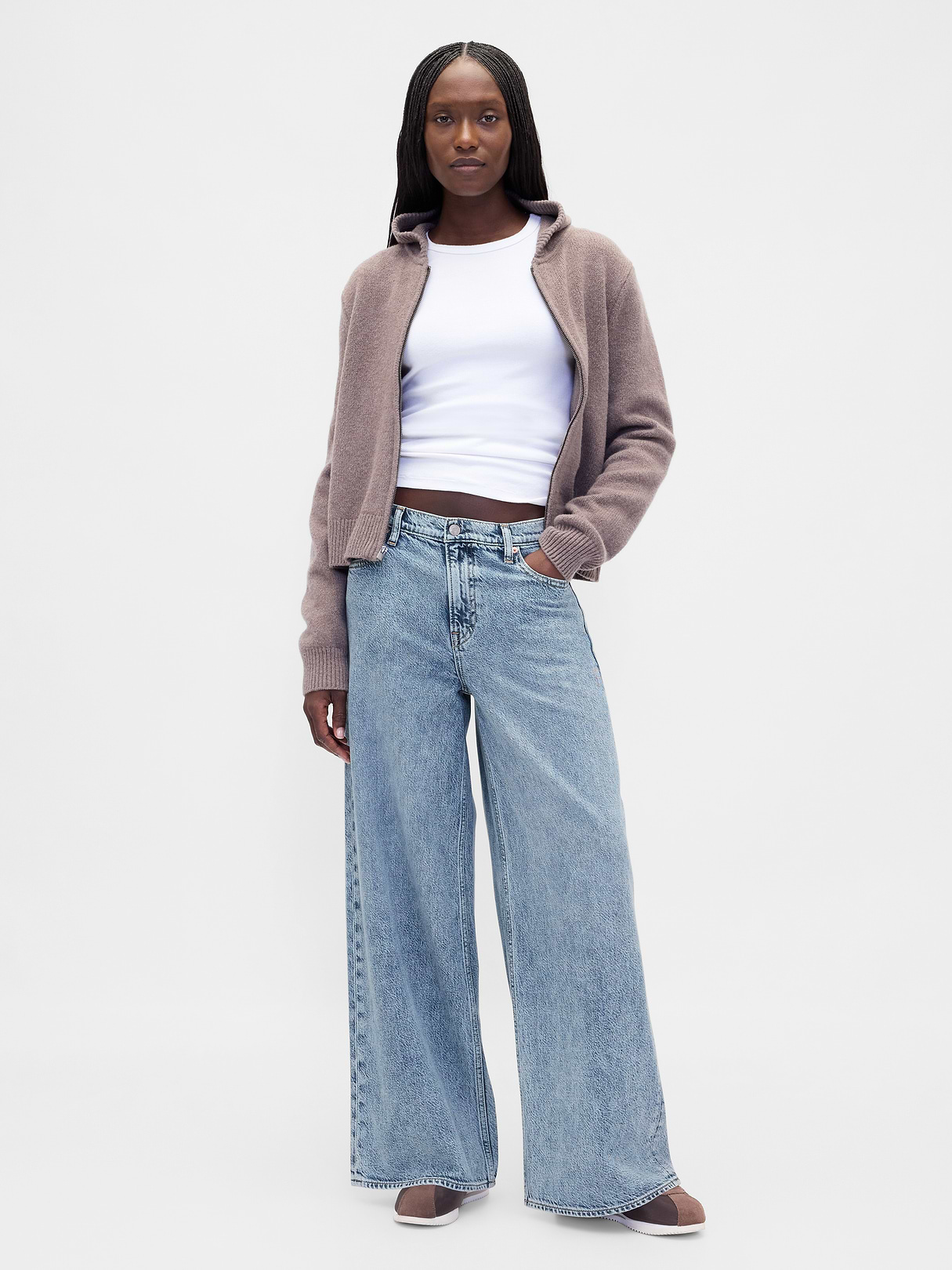 Mid Rise Denim Stripe Baggy Jeans - Light indigo