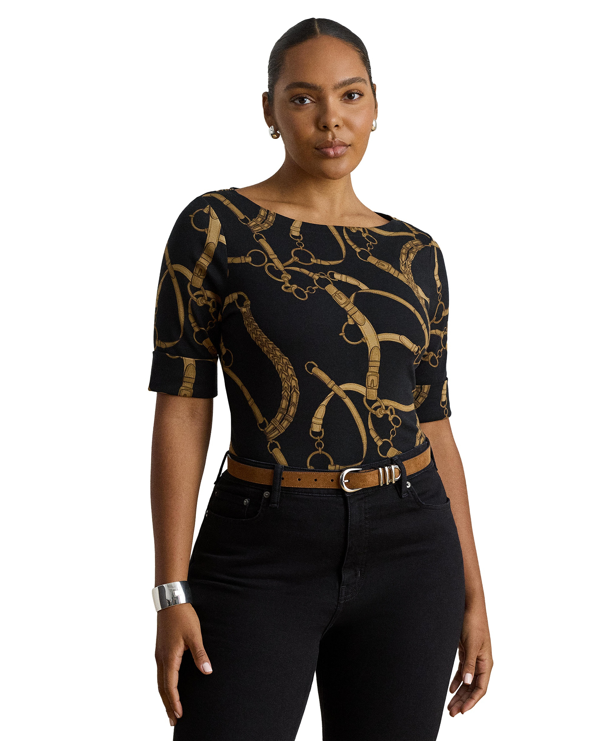 Lauren Ralph Lauren Women's Boat Neck Belting Print T-Shirt