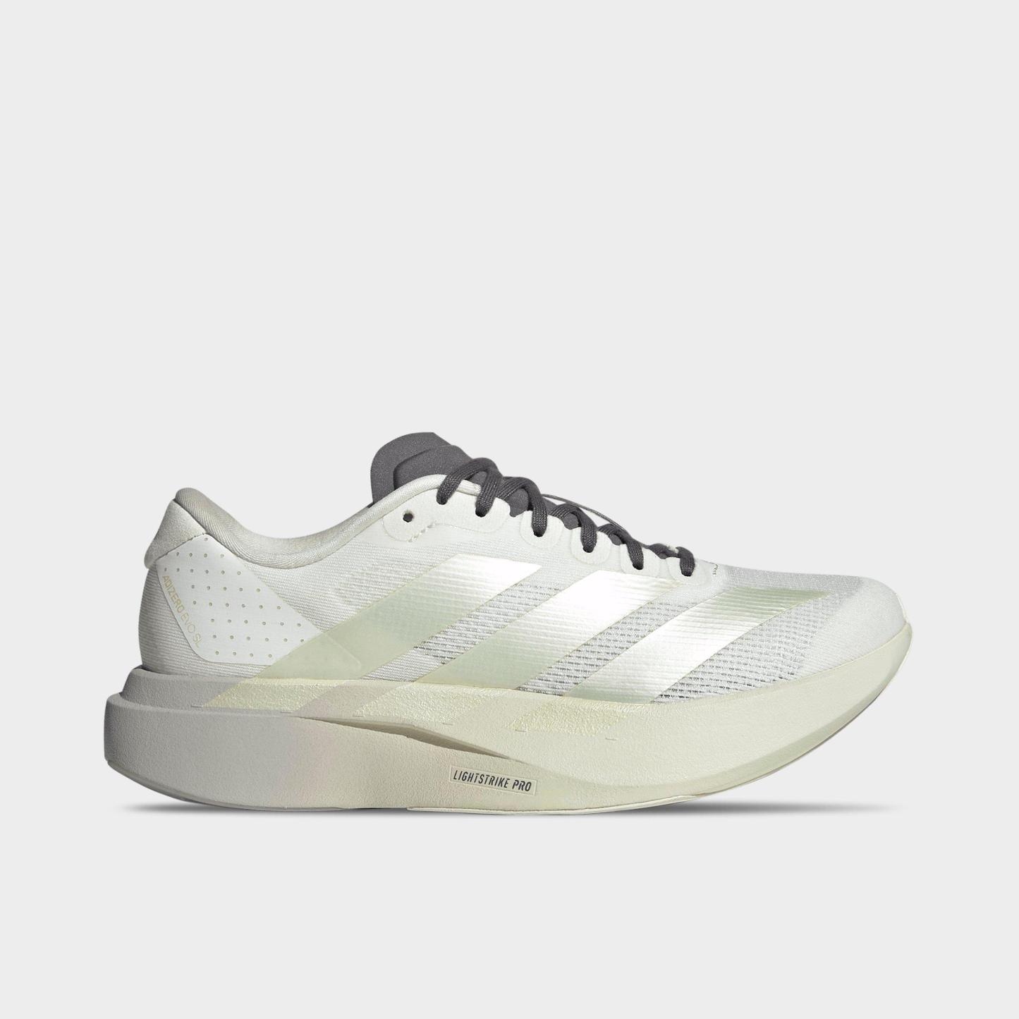 Women's adidas Adizero EVO SL Running Shoes - Part 1 - Off White/Ice Gold Metallic/Granite - Left shoe facing left. Outside of the shoe.