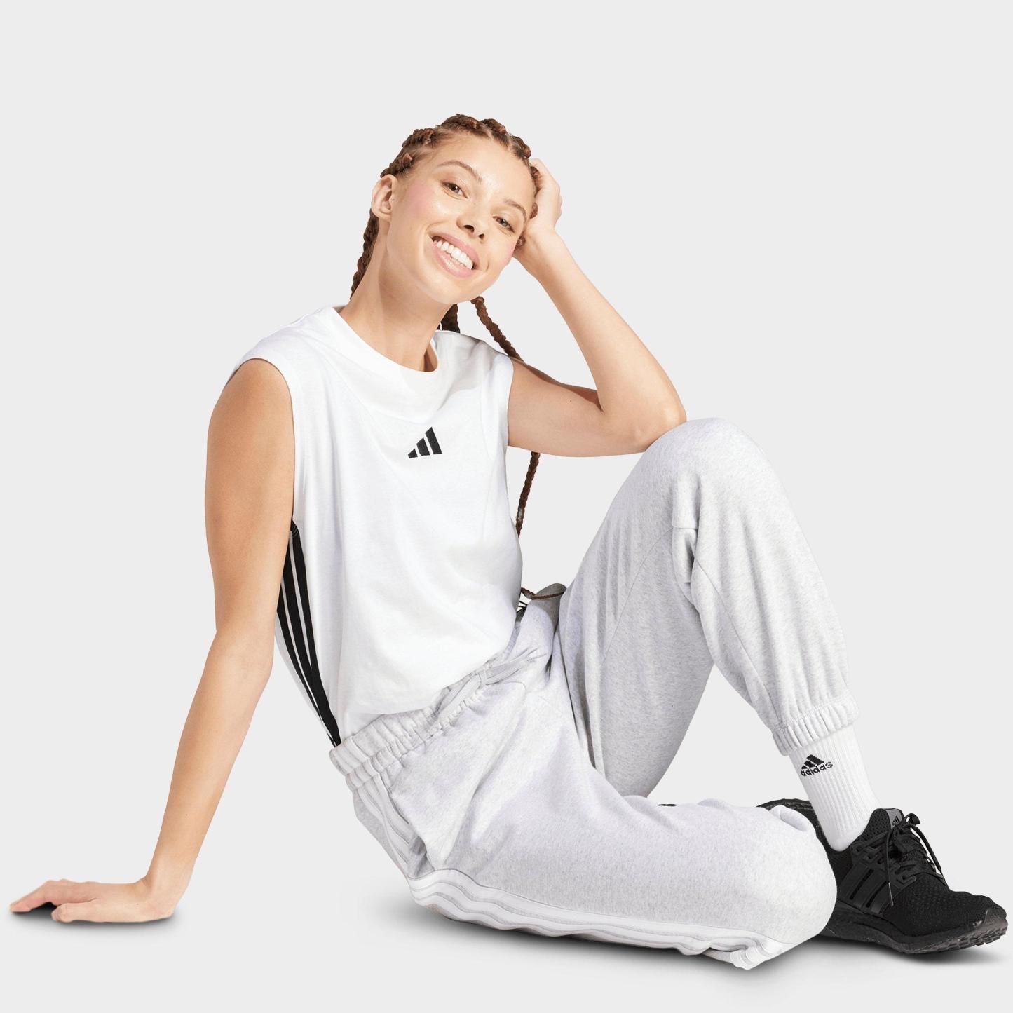 Women's adidas Essentials 3-Stripes Fleece Loose Pants - Light Grey Heather/White
