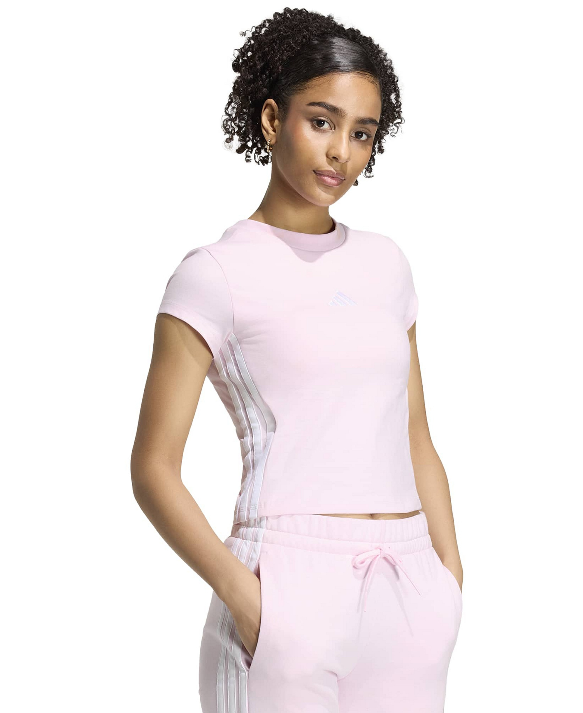 adidas Women's Essentials 3-Stripes Padded Slim Baby Cotton-Blend T-Shirt - Clear Pink/white