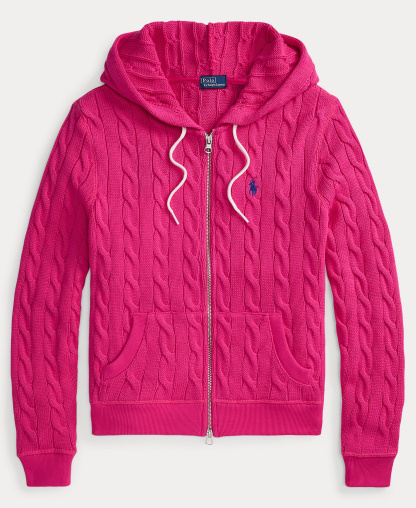Polo Ralph Lauren Women's Cable-Knit Cotton Full-Zip Hoodie Sweater - Accent Pink