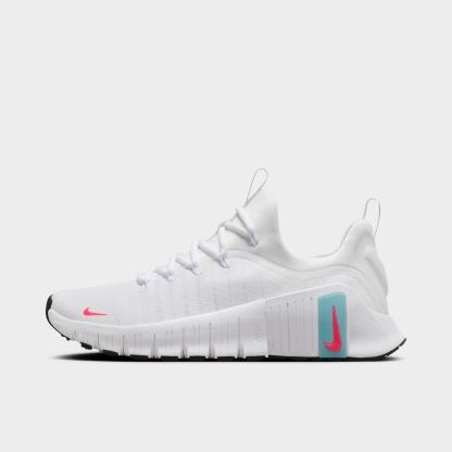 Women's Nithtke Free Metcon 6 Training Shoes - White/Hot Punch/Denim Turquoise/Black - Left shoe facing left. Outside of the shoe.