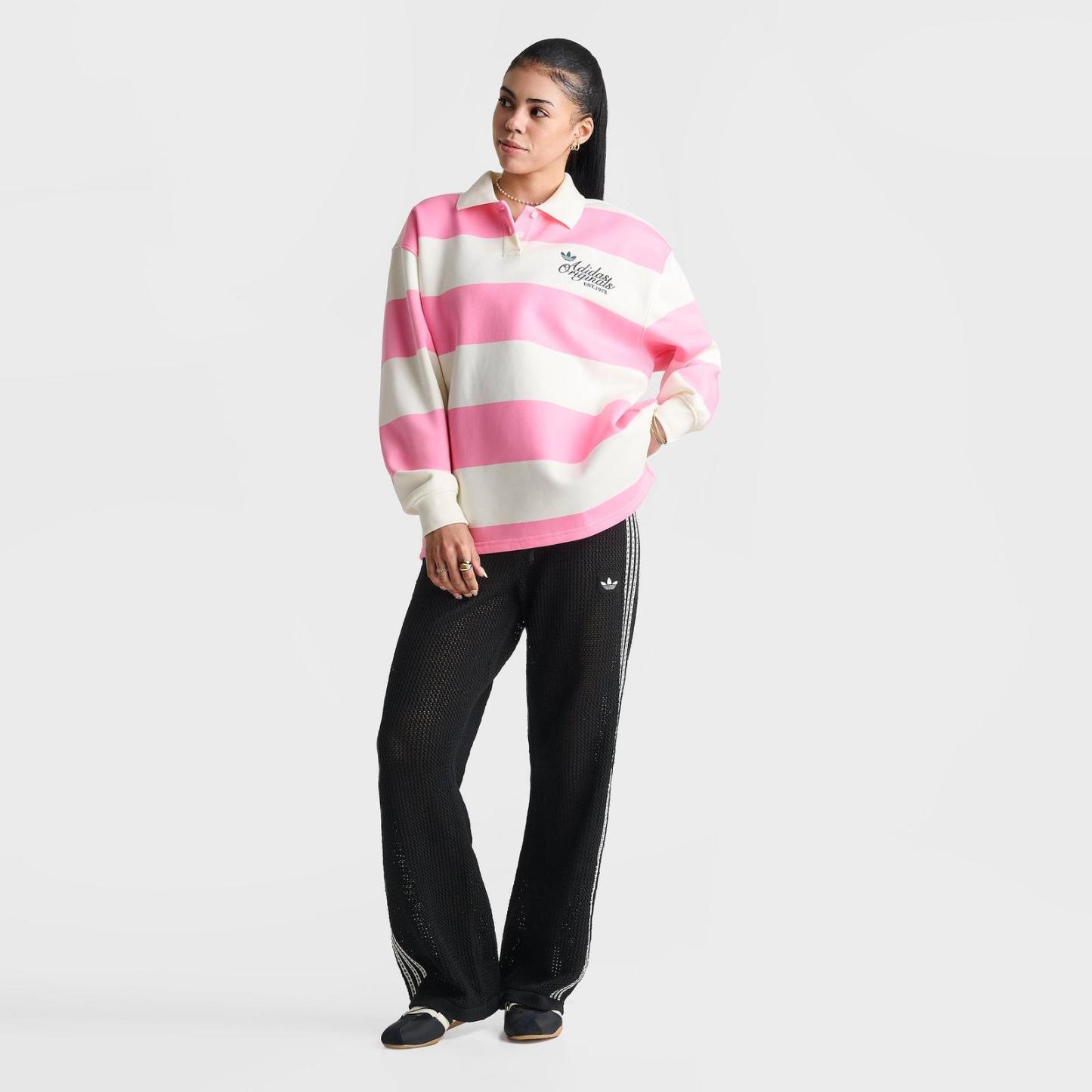 Women's adidas Originals Striped Long-Sleeve Collar Crewneck Sweatshirt - Semi Pink Glow - view 2