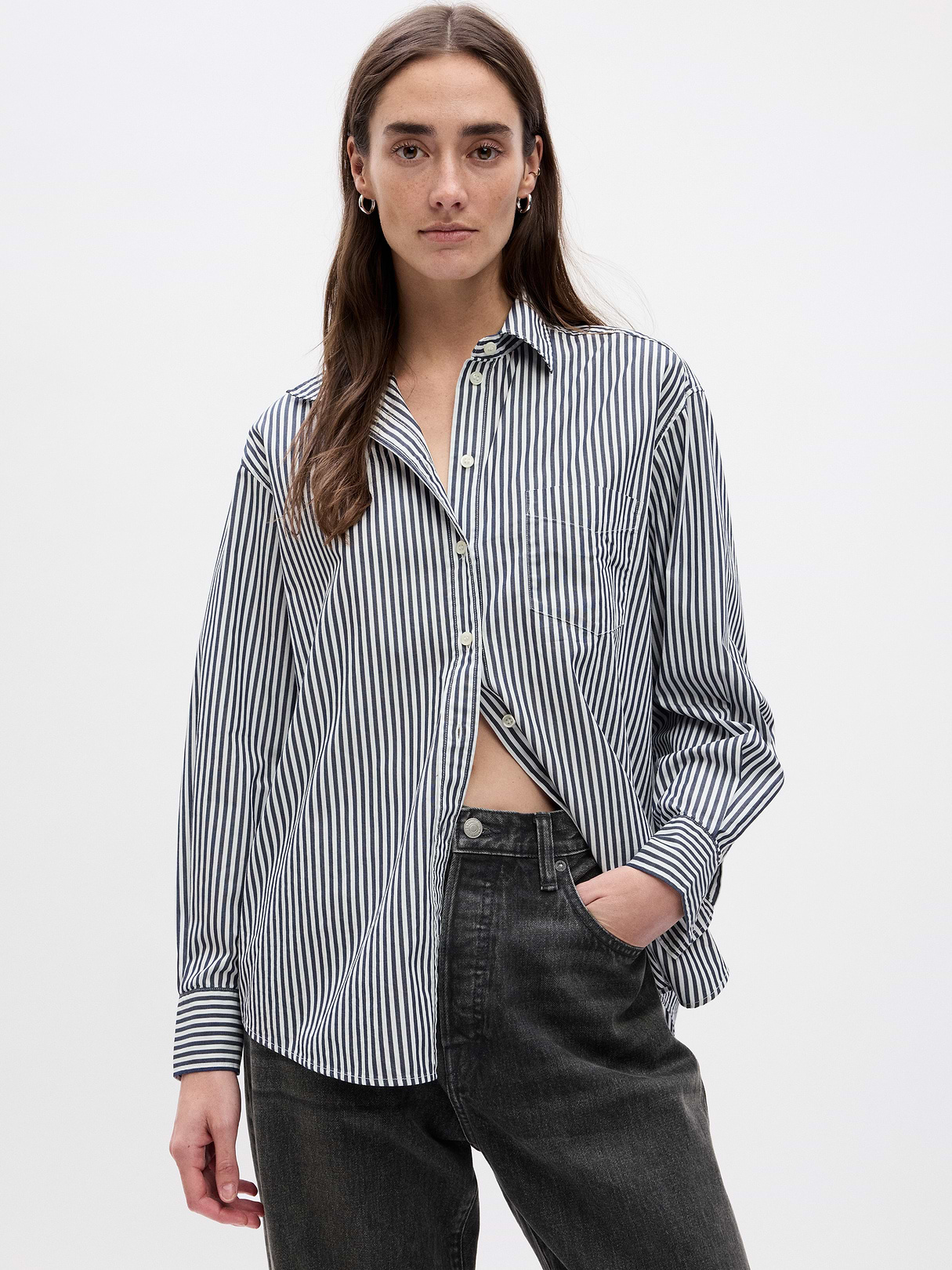 Organic Cotton Poplin Stripe Big Shirt - black stripe
