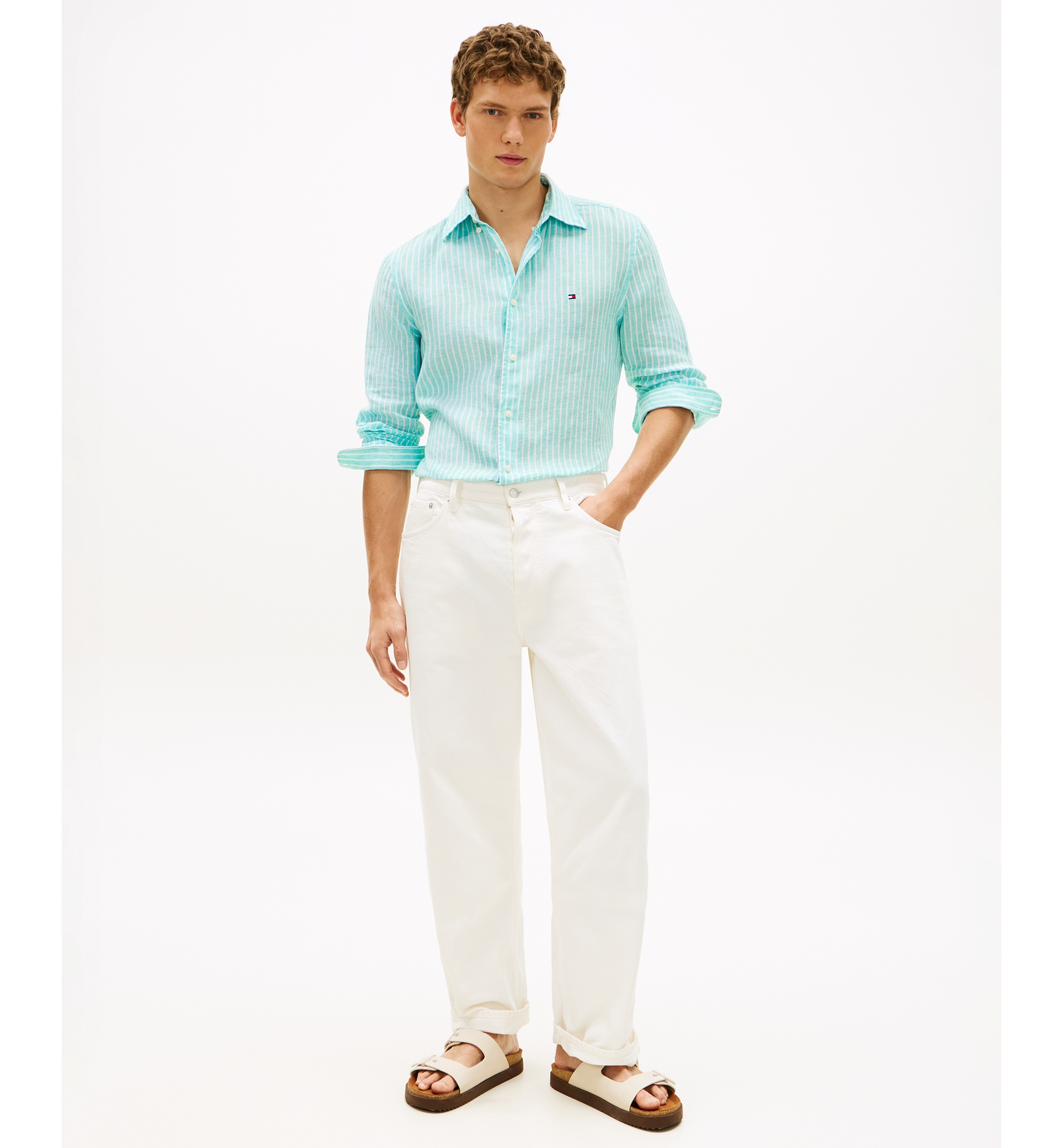 Tommy Hilfiger Men's 100% Linen Bengal Stripe Shirt - Arctic Aqua