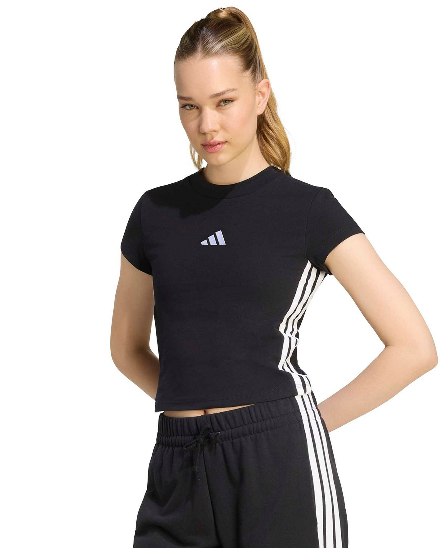 adidas Women's Essentials 3-Stripes Padded Slim Baby Cotton-Blend T-Shirt - Black/white