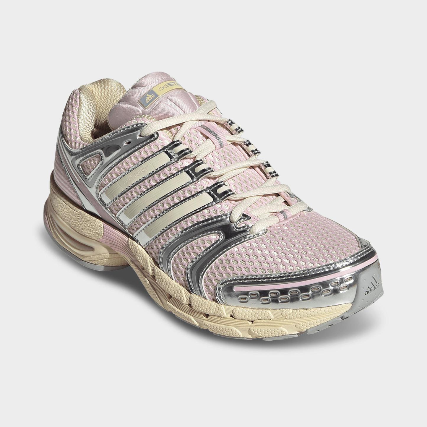 Women's adidas Adistar Control 5 Pony Print Casual Shoes - Part 3 - Warm Vanilla/Clear Pink/Silver Metallic - Both shoes facing left