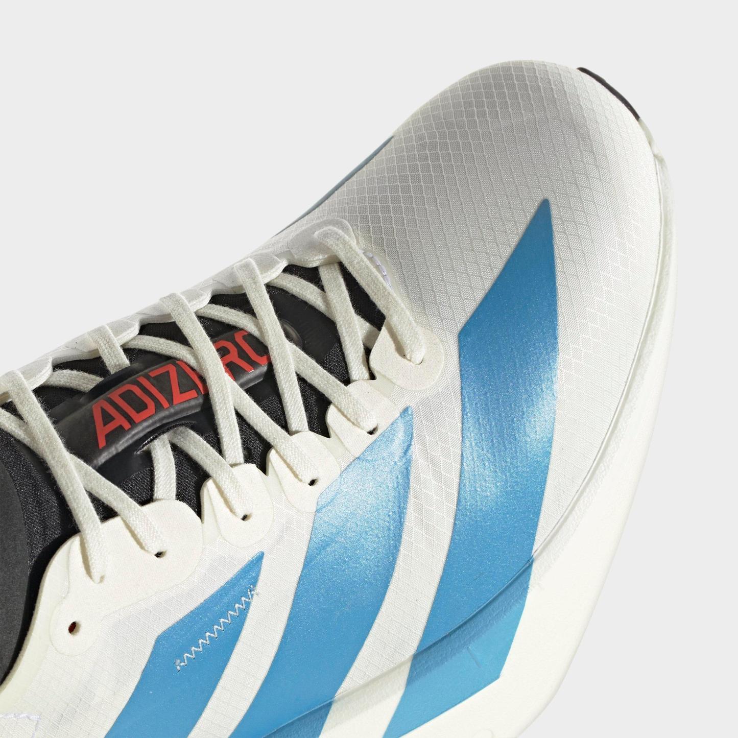 Men's adidas Adizero Adios Pro 4 Running Shoes - Off White/Light Blue/Bright Red - Detail shot