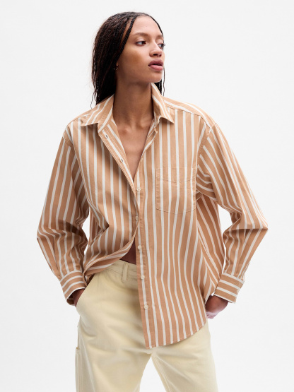 Organic Cotton Poplin Stripe Big Shirt - neutral tan & white stripe