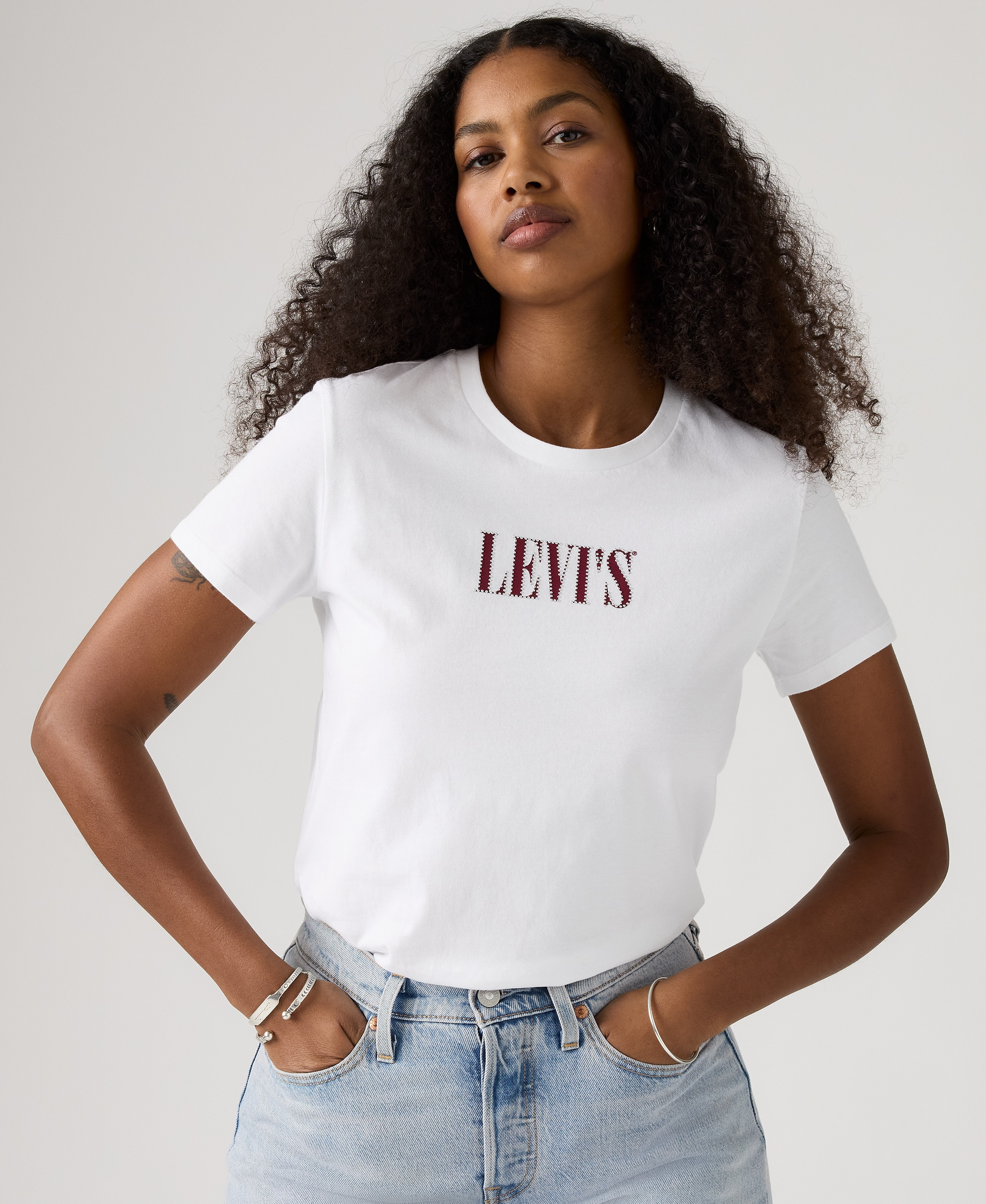 Levi's Women's Perfect Graphic Logo Cotton T-Shirt - Serif Stud Outline Bright White