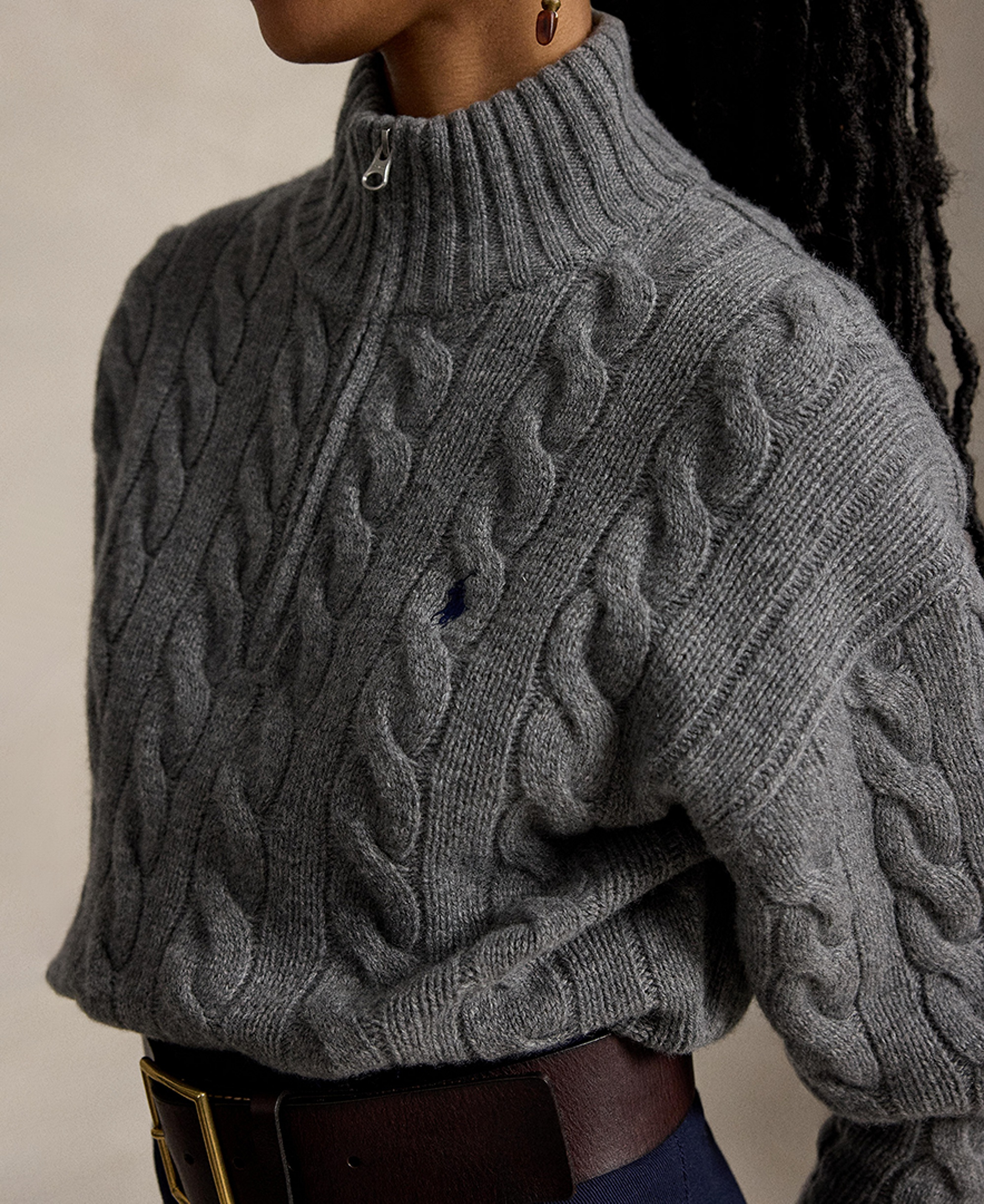 Polo Ralph Lauren Women's Cable-Knit Half-Zip Wool-Cashmere Sweater - Flannel Grey Heather