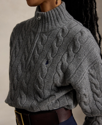 Polo Ralph Lauren Women's Cable-Knit Half-Zip Wool-Cashmere Sweater - Flannel Grey Heather