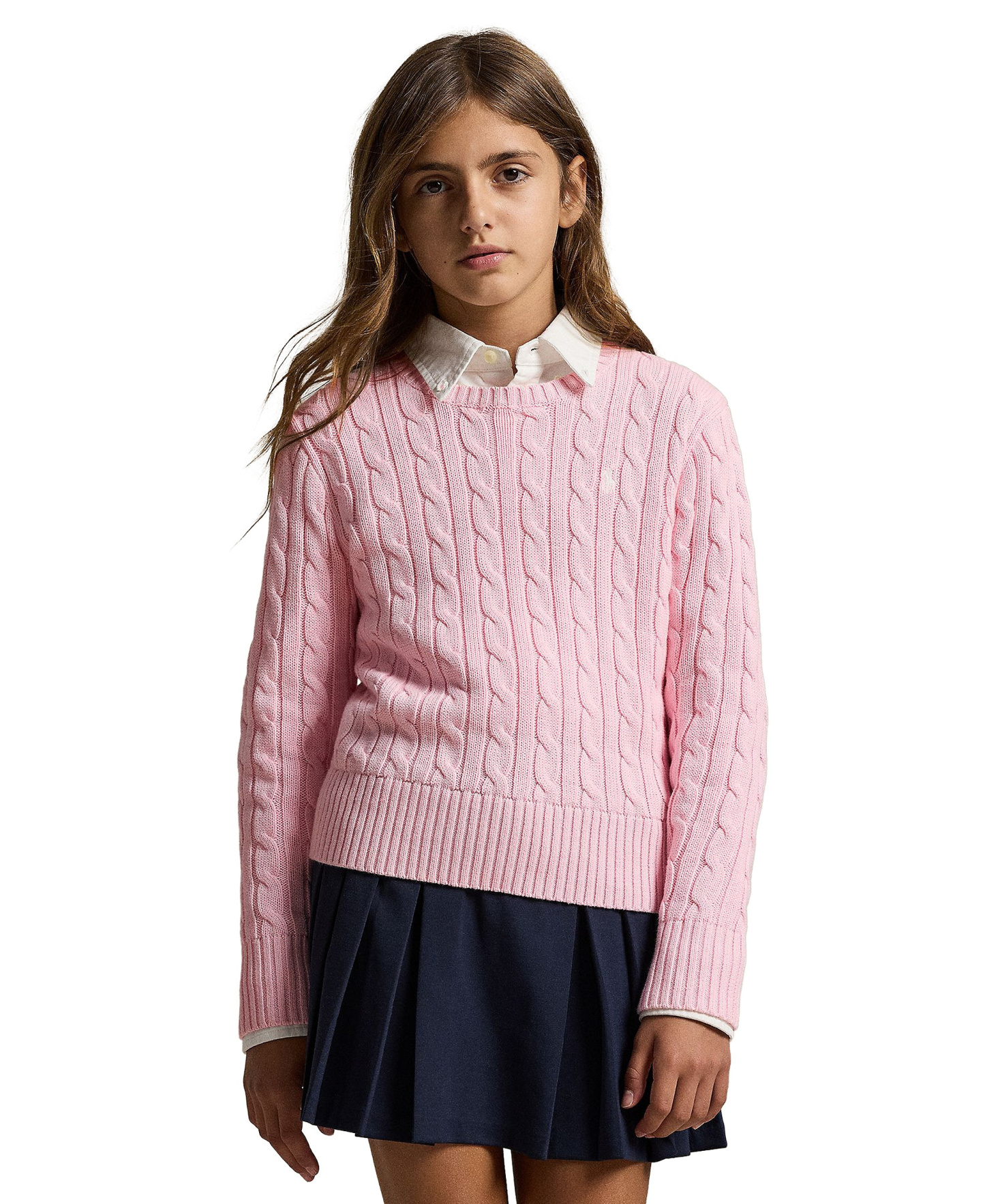 Polo Ralph Lauren Girls' 7-16 Cable-Knit Long Sleeves Sweater - Hint of Pink, Nevis