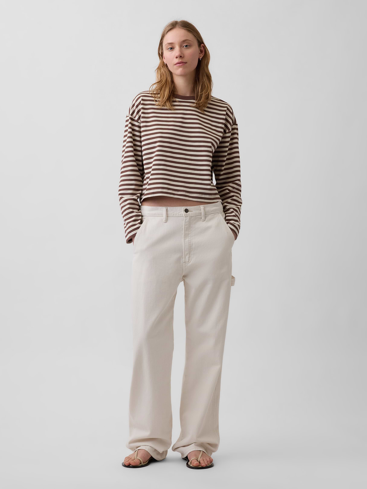 Knit Oversized Crop T-Shirt - Brown stripe
