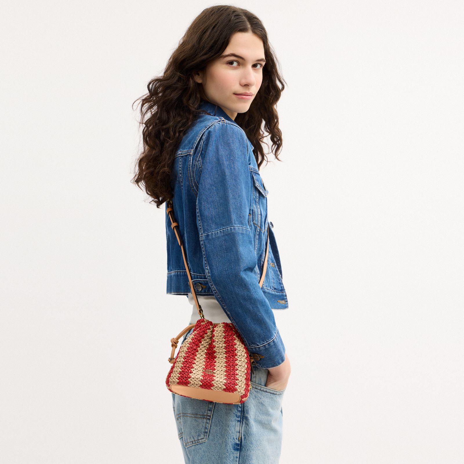 Faye Mini Drawstring Bag With Stripes - Gold/Red/Tan - view 3