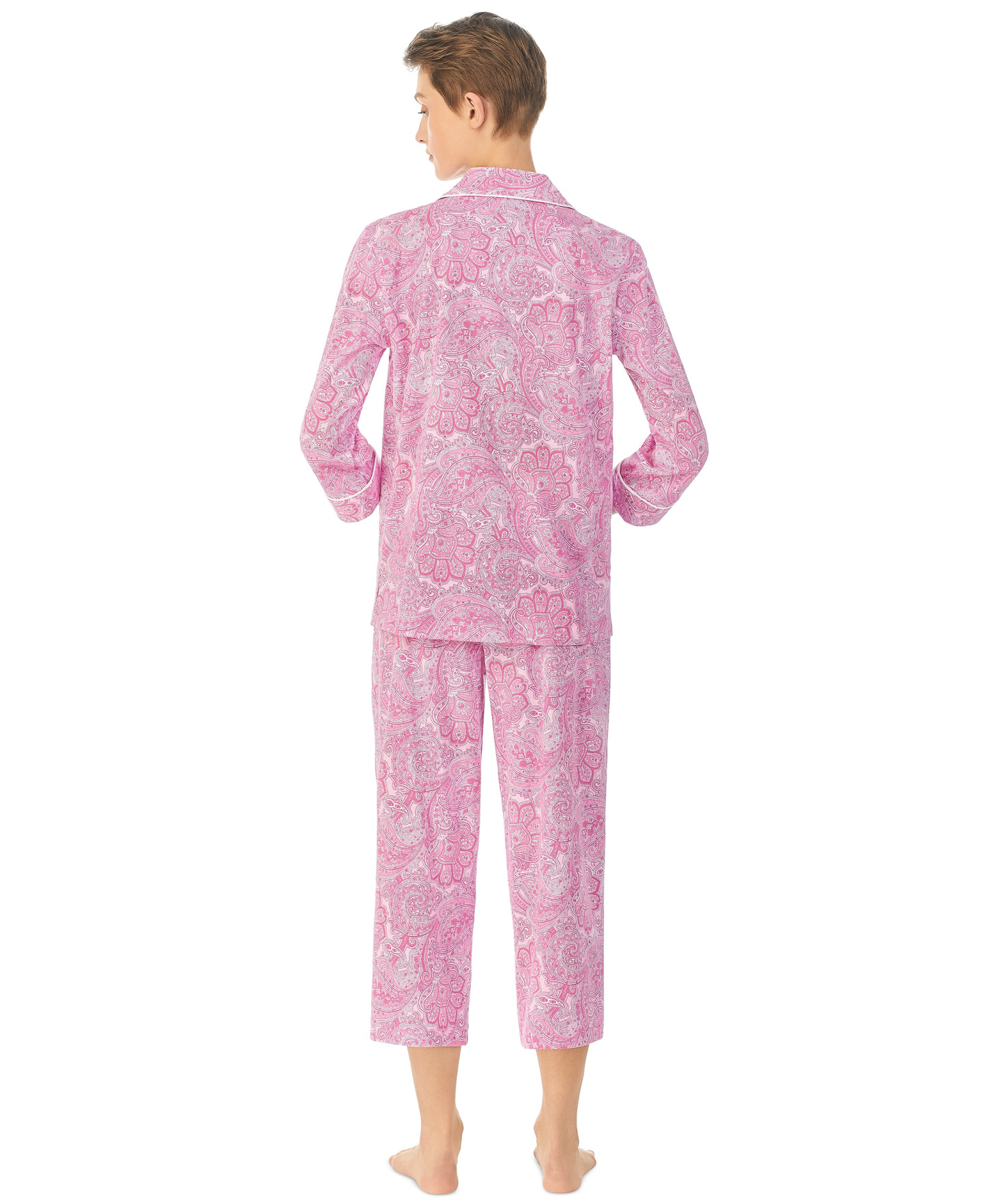 Lauren Ralph Lauren Womens 3/4 Sleeve Cotton Notch Collar Capri Pant Pajama Set - 3/4 Capri Pj
