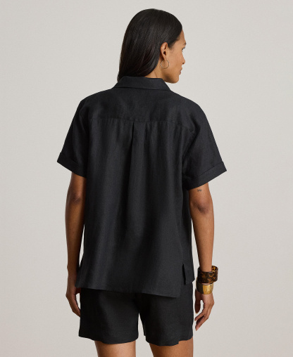 Lauren Ralph Lauren Women's Linen Short-Sleeve Camp Shirt - Black