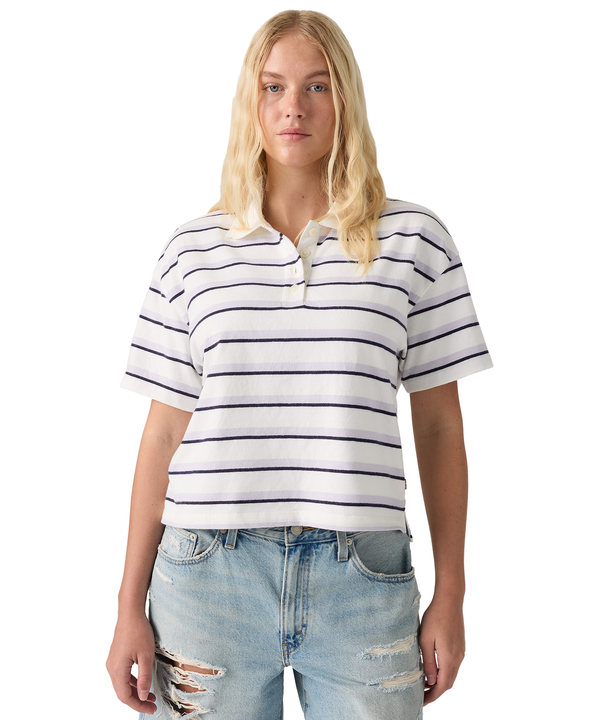 Levi's Women's Didion Rugby Short-Sleeve Collared Polo Shirt - Pepper Stripe Lavender Blue