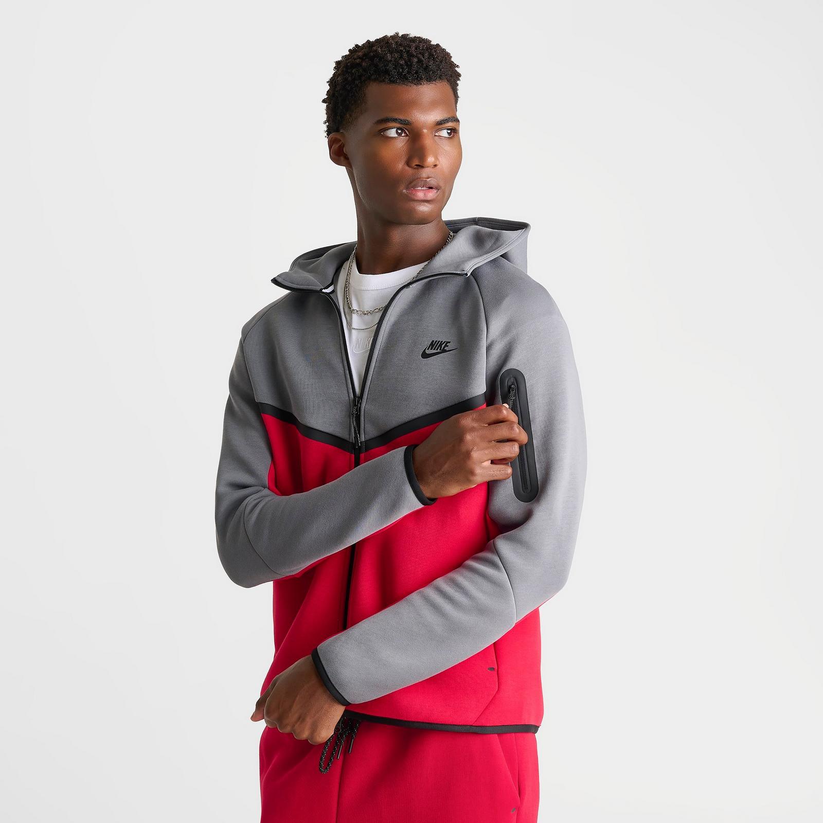 Men's Nike Tech Fleece Windrunner Full-Zip Hoodie - Smoke Grey/Fire Red