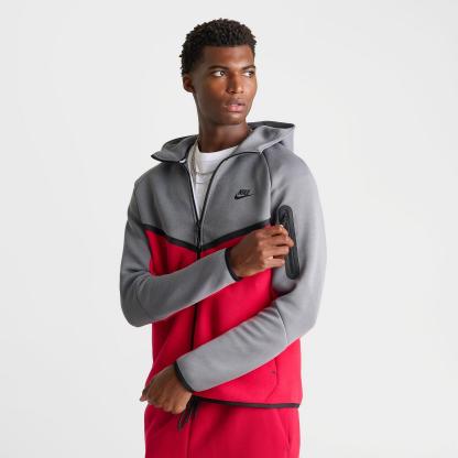 Men's Nike Tech Fleece Windrunner Full-Zip Hoodie - Smoke Grey/Fire Red