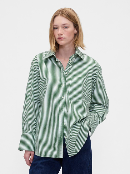 Organic Cotton Poplin Stripe Big Shirt - Green stripe