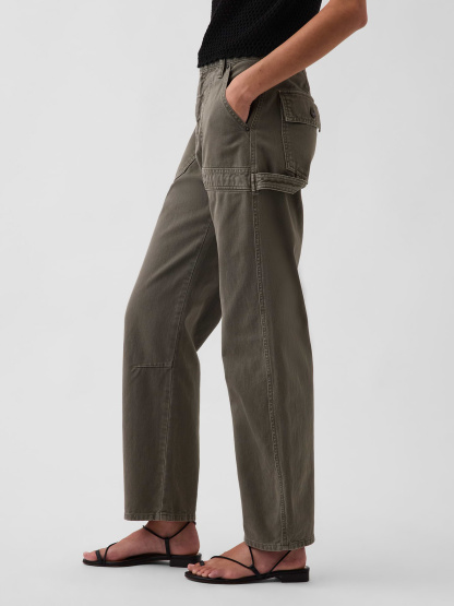 Mid Rise Barrel Utility Ankle Pants - Black moss green