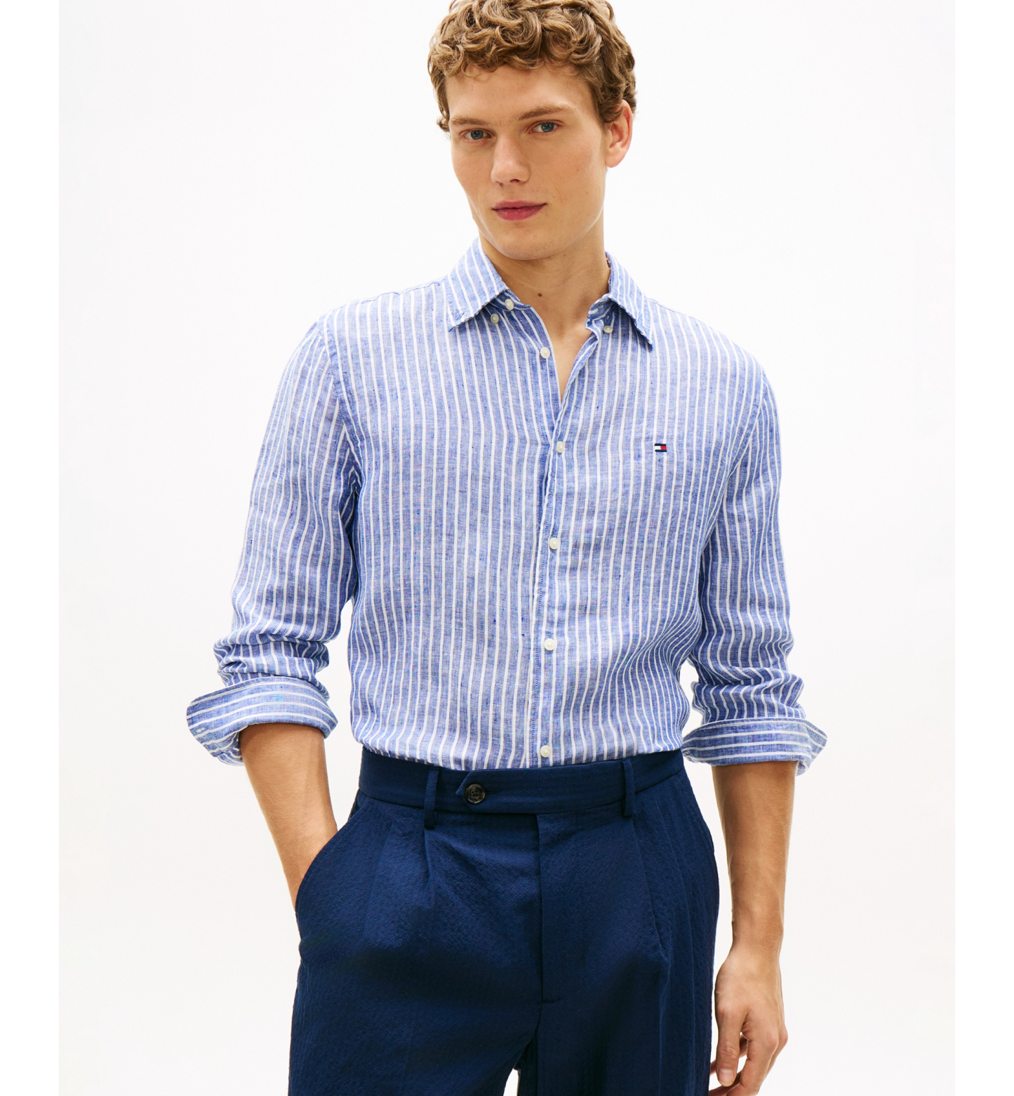 Tommy Hilfiger Men's 100% Linen Bengal Stripe Shirt - Wedge Blue