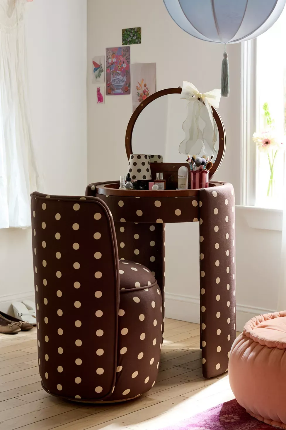 Jane Upholstered Vanity & Stool Set - Brown/Ivory Polka Dot