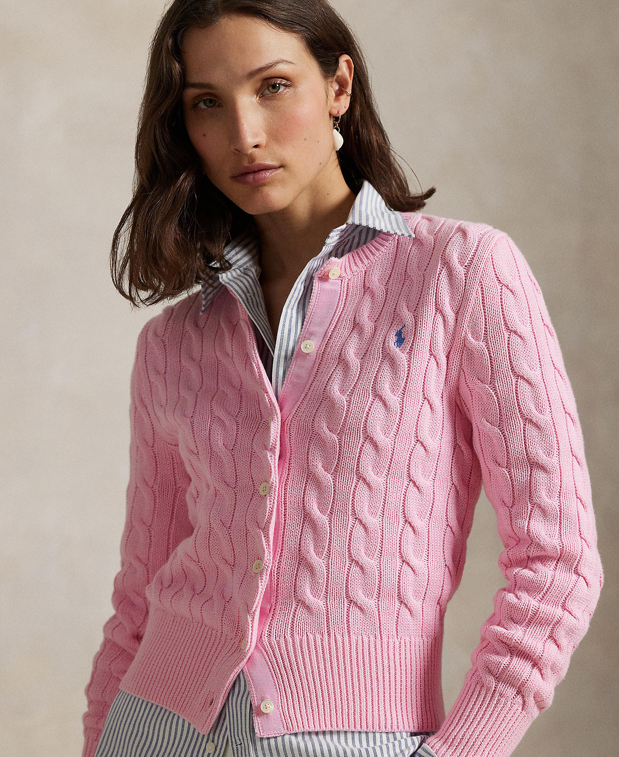 Polo Ralph Lauren Women's Cable-Knit Cotton Crewneck Cardigan Sweater - Carmel Pink