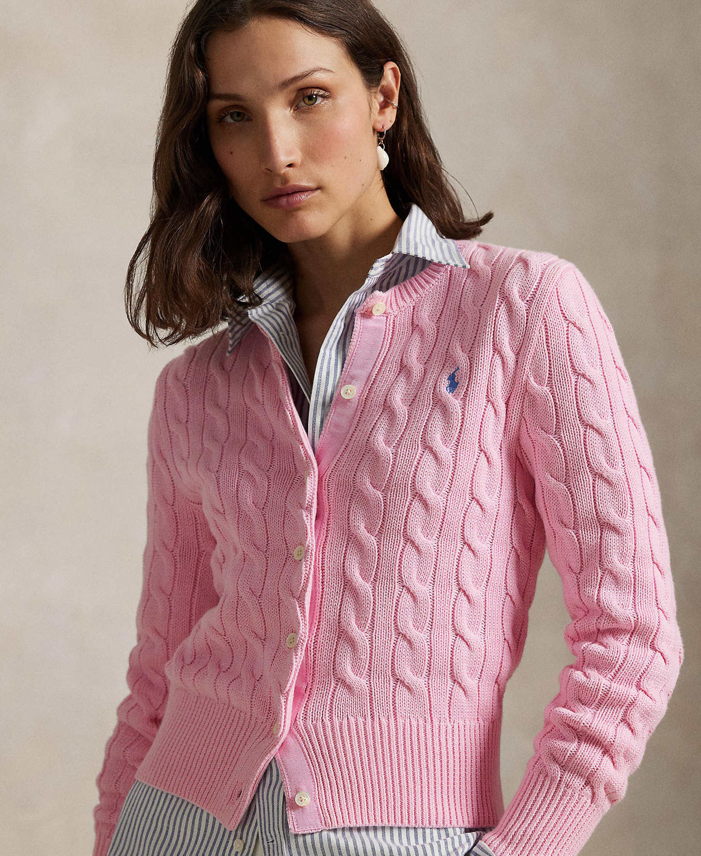 Polo Ralph Lauren Women's Cable-Knit Cotton Crewneck Cardigan Sweater - Carmel Pink