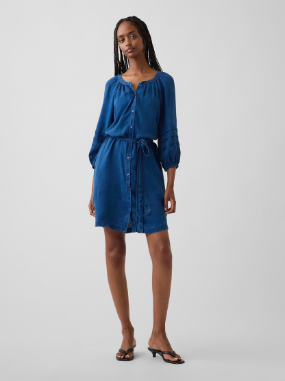 Denim Tie-Waist Mini Shirtdress - Medium wash