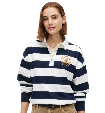 Tommy Hilfiger Women's Long-Sleeve Rugby Polo Sweatshirt - Rugby Stripe Dark Blue / Ecru