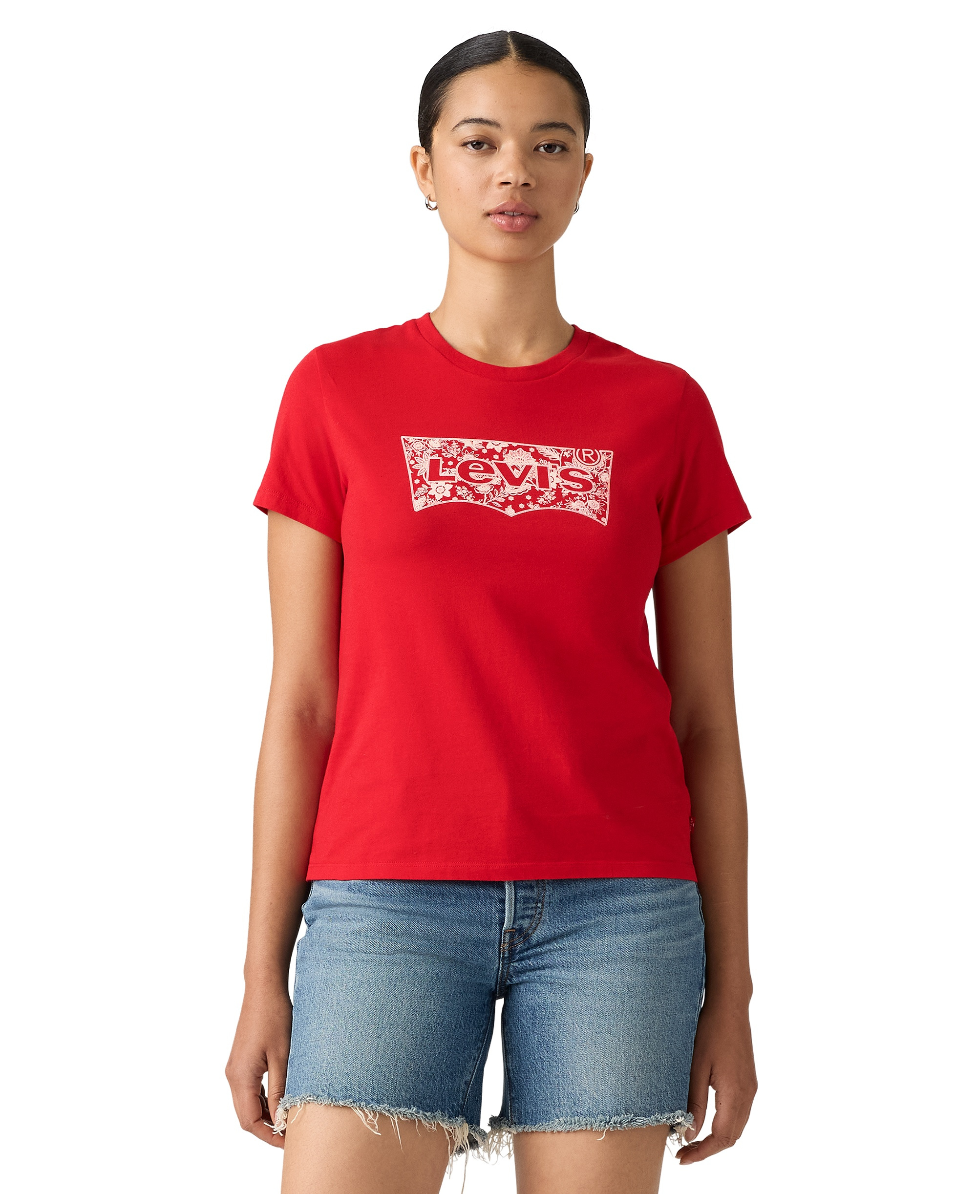 Levi's Women's Perfect Graphic Logo Cotton T-Shirt - Floral Bandana Bw True Red