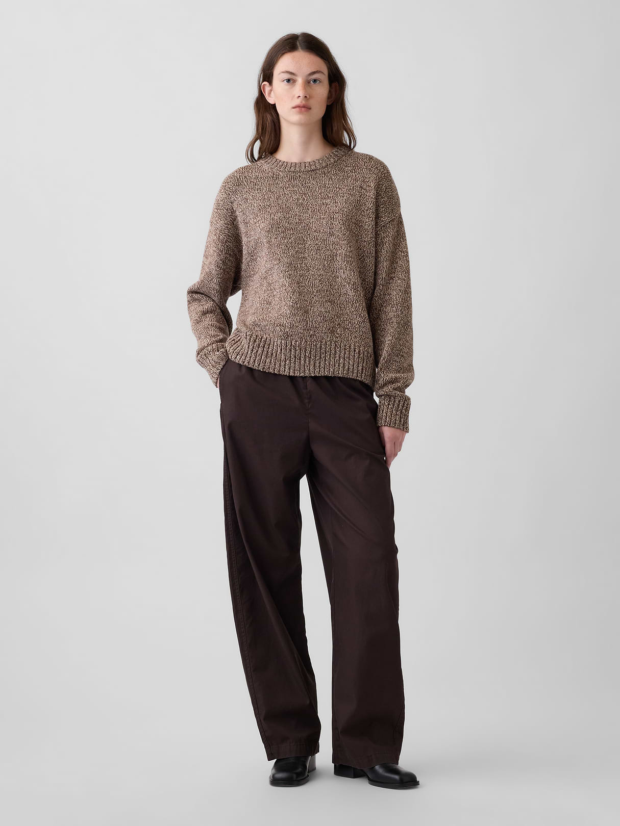100% Cotton Oversized Crop Sweater - Neutral brown marl