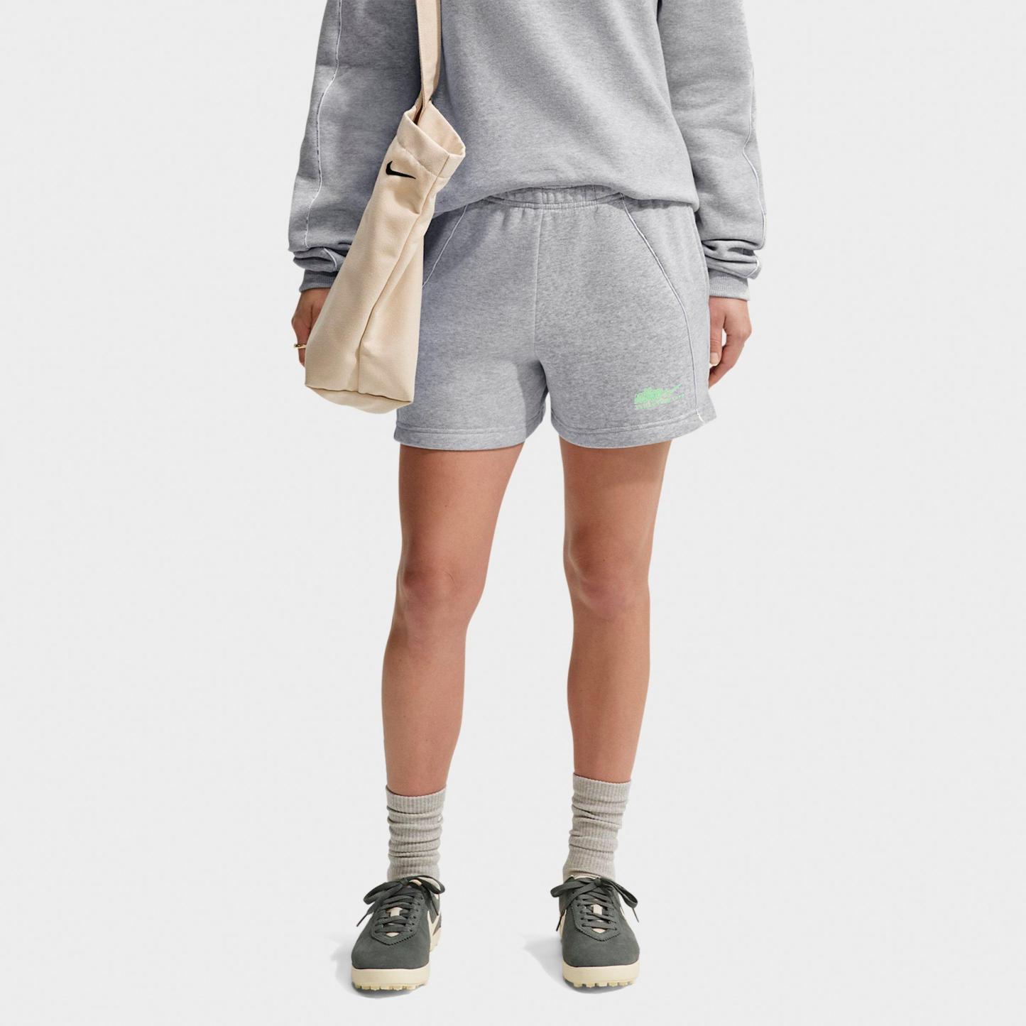 Women's Nithtke Studio Fleece Medium-Weight "Graphic Pack" Mid-Rise Shorts - Grey Heather/Illusion Green