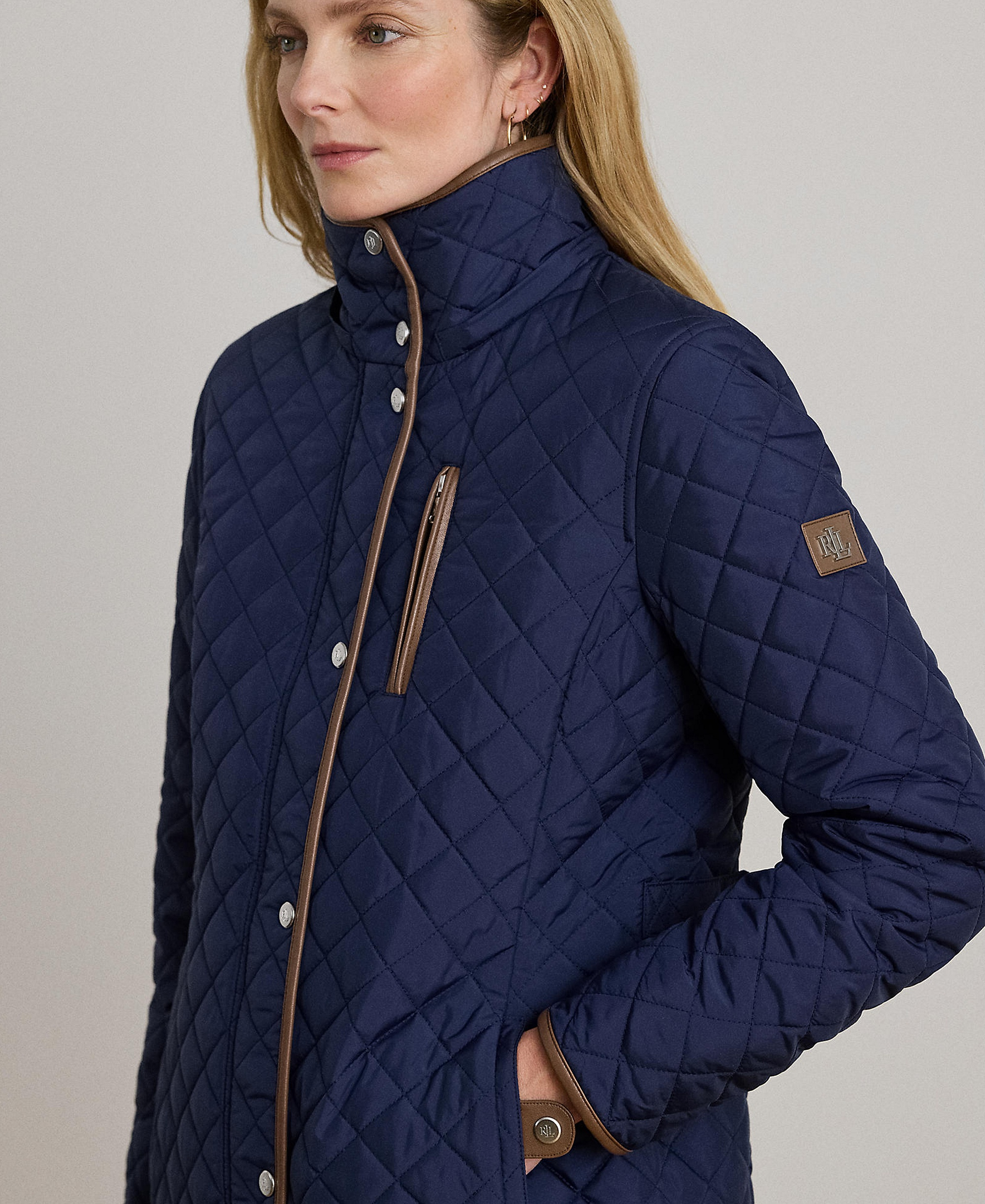 Lauren Ralph Lauren Womens Hooded Quilted Faux-Suede-Trim Coat - Summer navy