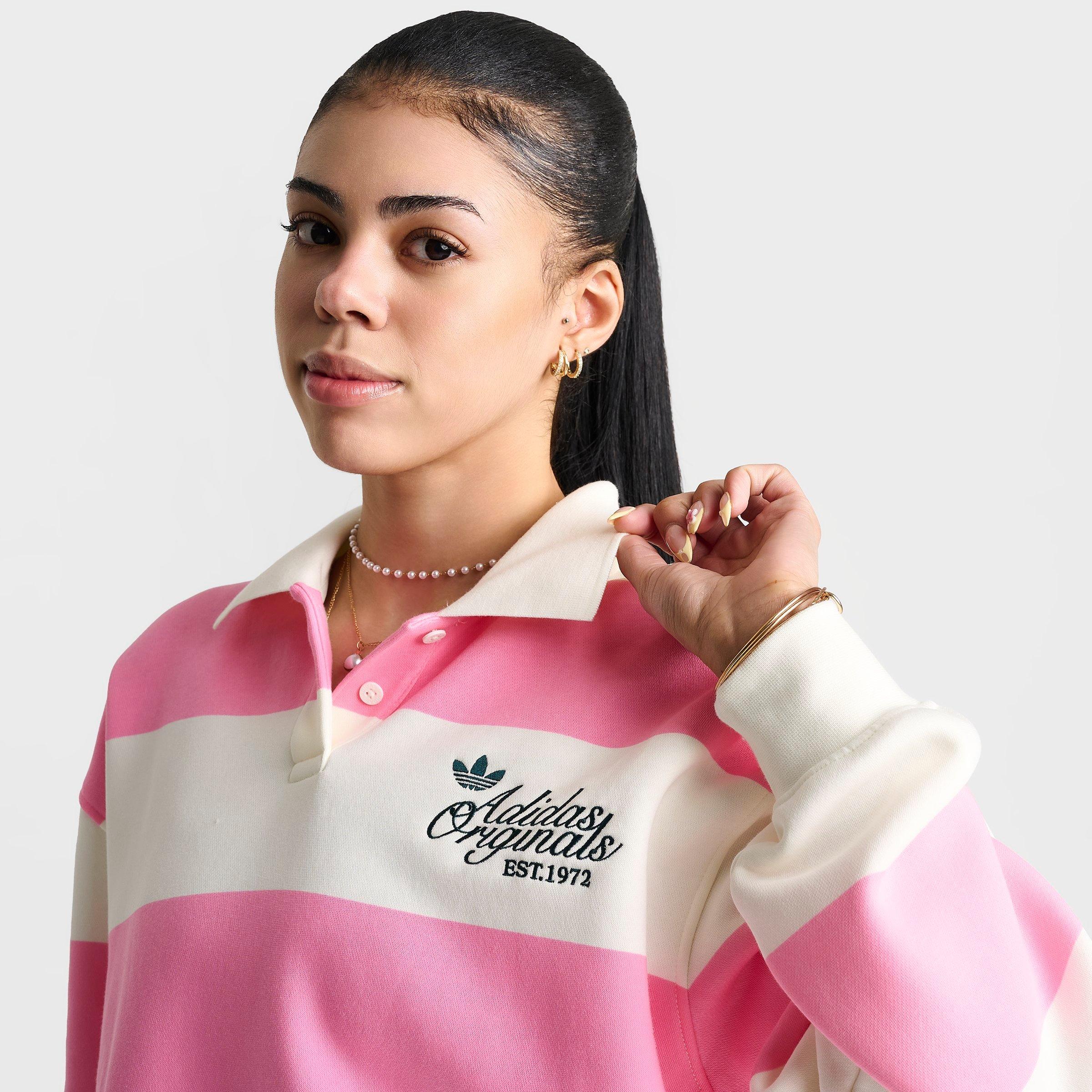 Women's adidas Originals Striped Long-Sleeve Collar Crewneck Sweatshirt - Semi Pink Glow