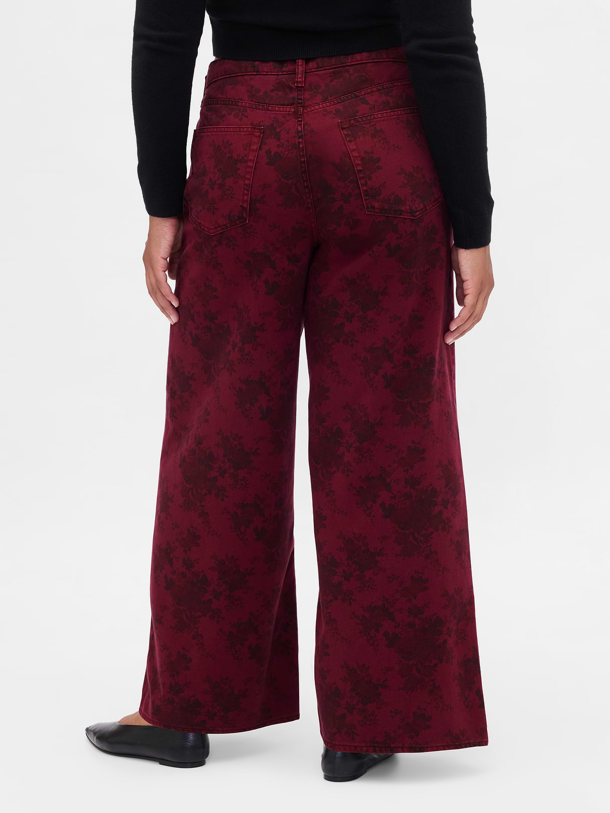 Mid Rise Denim Stripe Baggy Jeans - Red floral print