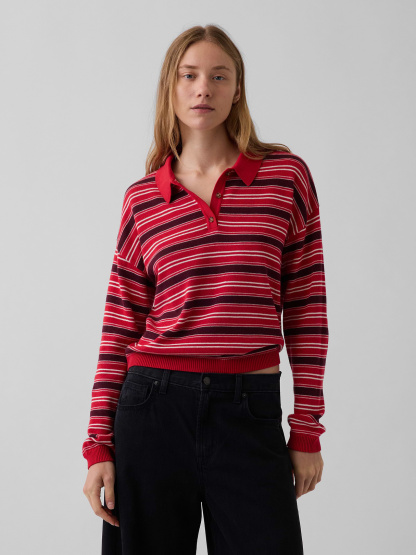 100% Cotton Relaxed Polo Sweater - Brown & red stripe