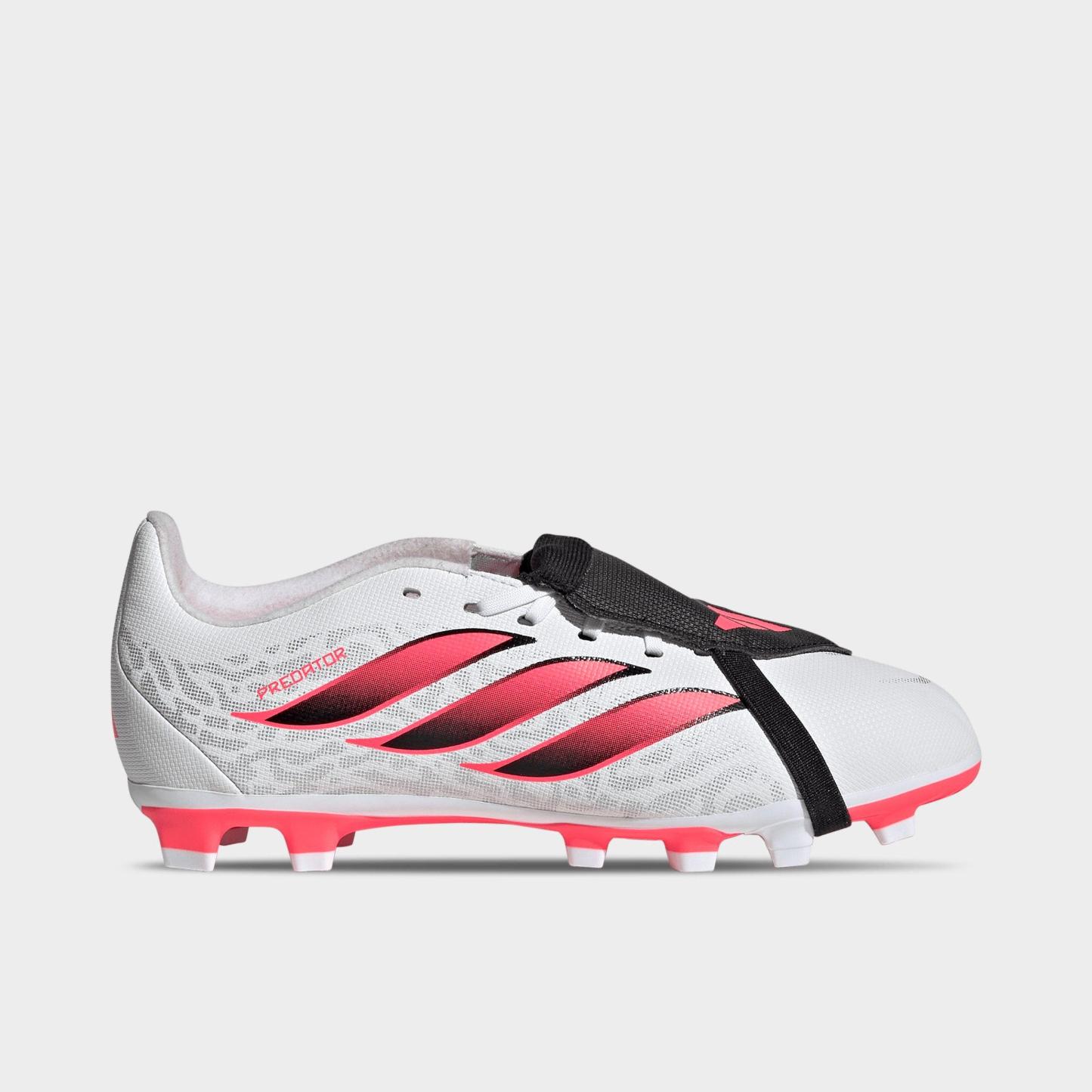 Big Kids' adidas Predator Club Fold Over Tongue Firm Ground and Multi Ground Soccer Cleats - White/Solar Turbo/Black (KJ6728-100) - Left shoe facing left. Outside of the shoe.