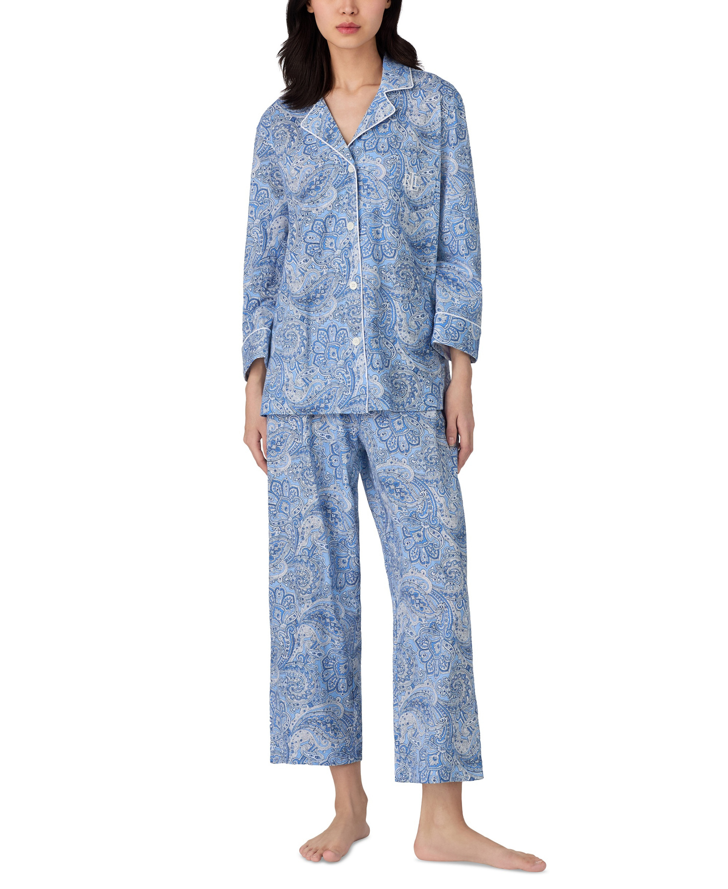 Lauren Ralph Lauren Womens 3/4 Sleeve Cotton Notch Collar Capri Pant Pajama Set - Blue Paisley